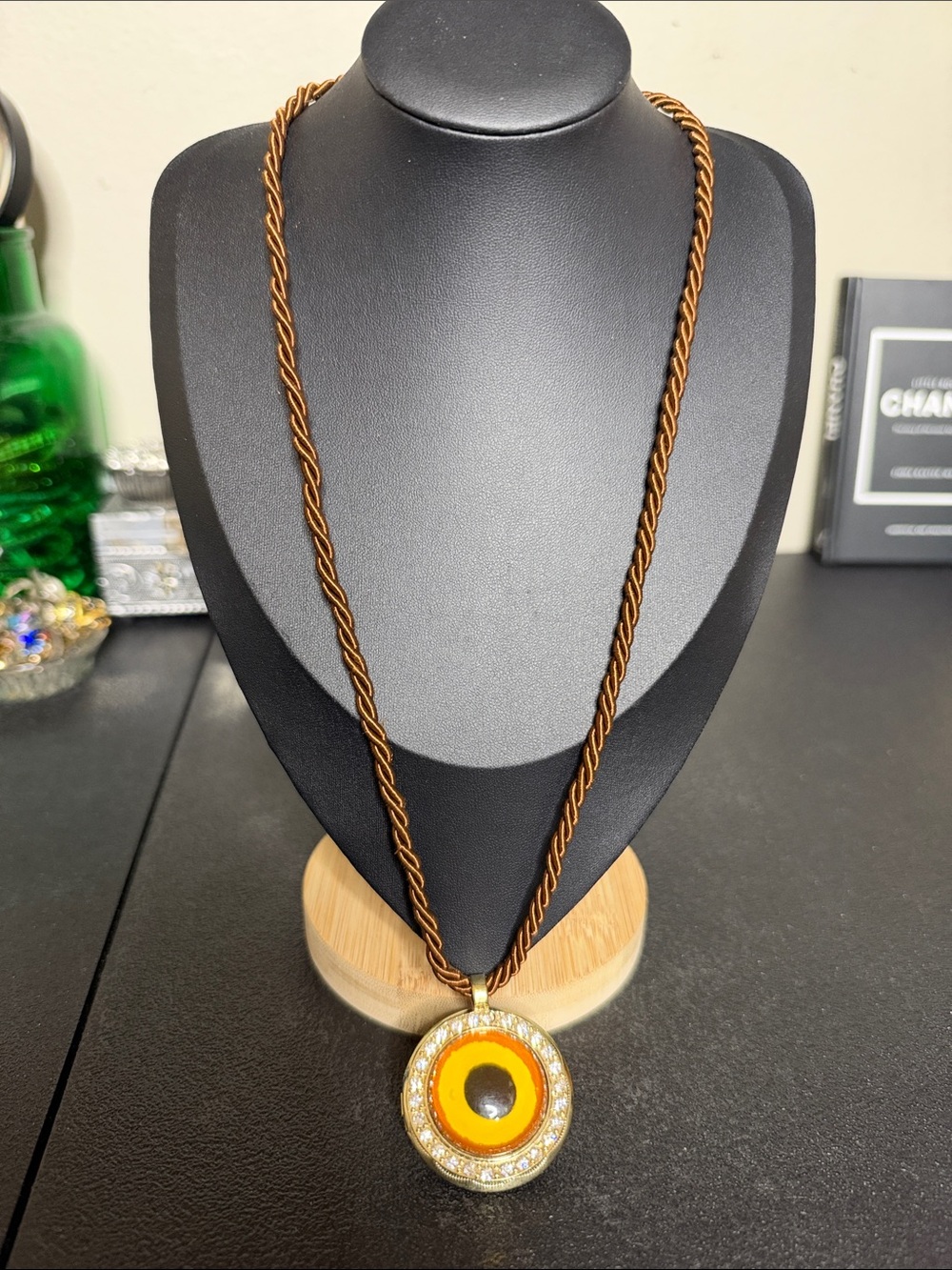 Unique Fashion Gold-Tone Brown Cord Necklace Yellow Center Locket Pendant